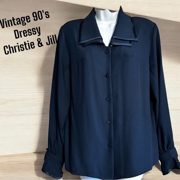 Christie & Jill Women's Vintage Back Satin Trim Ruffle Cuff Button Down Blouse - Picture 1 of 12
